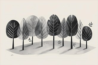 Stylized black and white illustration of trees with a simplistic design, illustration, AI generated