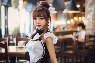 Young Asian woman with maid costume in japanese maid cafe. KI generiert, generiert, AI generated