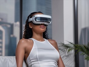 A woman relaxing on a sofa at home, wearing a VR headset in a serene setting, AI generated