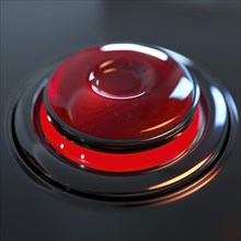 Bright red emergency stop button with shiny metal details in artificial light, AI generated