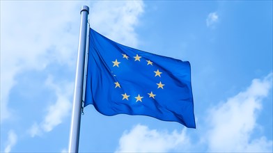 European Union Flag waving in the wind on flagpole over a blue and cloudy sky AI generated