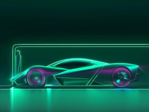Neon glowing image of a futuristic electric sports car at a charging station, illustration, AI