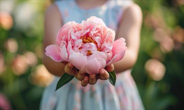 Close-up of a peony flower being held by a child in a garden AI generated
