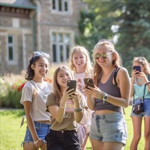 Many students stand close together on a lawn and take selfies with their cell phones, photo quality