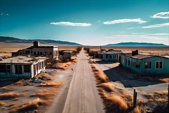 Drone shot of the eerie silence of a ghost town, AI generated