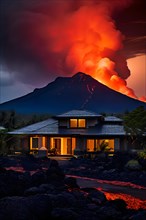 Single home standing resolute as an unstoppable lava flow looms close moments before engulfment, AI