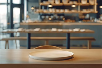 An empty white plate on a wooden table in a softly blurred restaurant setting, AI generated