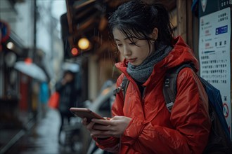 A woman engrossed in her smartphone on a rainy day in an urban street setting, AI generated