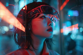 Woman with wet hair and futuristic glasses illuminated by red and blue neon lights, AI generated
