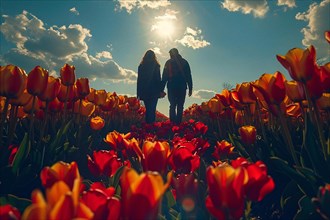 Silhouetted couple walking through a field of red tulips at sunset, AI generated