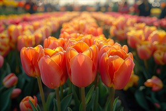Vibrant orange tulips in bloom under the soft sunlight, AI generated