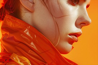 Intense close-up portrait of a woman with makeup in shades of orange, AI generated