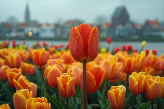A dew-covered orange tulip with a quaint town in the background, AI generated