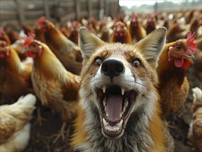 A fox in a henhouse, surrounded by excited chickens, humorous suspense, AI generated, AI generated