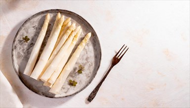 A plate with white asparagus, crossed by a fork on a linen cloth, KI generated, AI generated