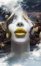 Serene surreal female portrait with cloud and floral elements and bright yellow lipstick, Vertical