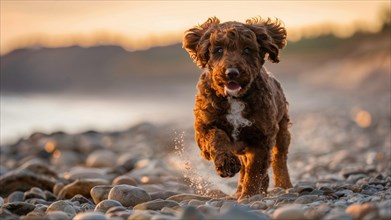 A young lagotto dog runs on a pebble beach during sunrise, displaying vitality and joy, AI