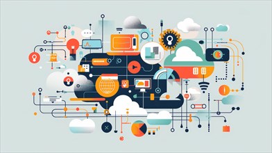 Colorful flat design of cloud computing and technology integration with various icons, ai