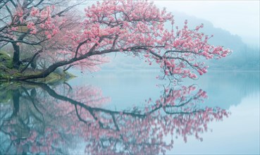 Springtime cherry blossoms in full bloom, cherry blossoms reflected on the calm surface of the lake