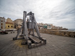 Old siege engine, fortress wall of Alghero, Sardinia, Italy, Europe