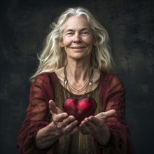 Senior in red top holding a red heart and smiling warmly, AI generated