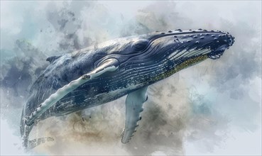 Watercolor illustration of a humpback whale in the ocean AI generated