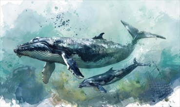 Watercolor illustration of mother whale with her calf in ocean AI generated