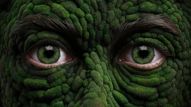 Hyperrealistic image of a face covered in green moss with focus on the eyes, AI generated