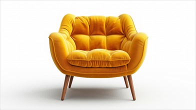 Vibrant yellow modern armchair with plush upholstery and wooden legs on a white background, ai
