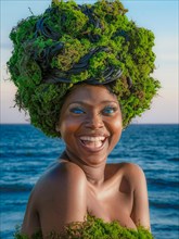 Woman with bright smile wearing a lush greenery headdress against an ocean background, moss growing