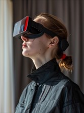 Woman wears a VR headset looking upwards with a sense of curiosity and exploration, AI generated