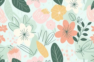 Cheerful nature-inspired pattern with pastel-colored flowers and leaves, suitable for fabric or