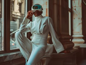 Elegantly dressed in white, a person sits poised with a virtual reality headset, AI generated