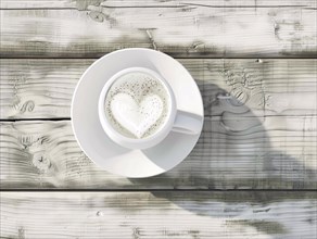 A top-view of a coffee cup with heart-shaped foam on a rustic wooden table, coffee shop, Rome,