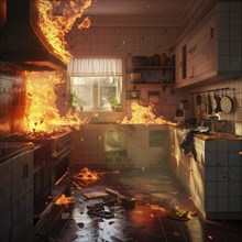 A kitchen is completely engulfed in flames and reflects total chaos, AI generates, AI generated