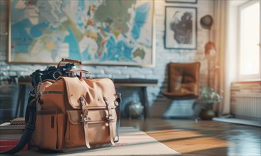 Vintage leather travel bag with a world map in the background AI generated