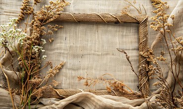 Delicate jute frame on minimalistic natural material, space for text, ecology nature background AI