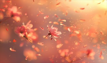 Cherry blossom petals in the breeze, floral background, soft focus, blurred background AI generated