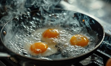 Eggs frying in a sizzling pan, close up AI generated