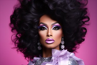 Portrait of drag queen with big black hair on pink studio background. KI generiert, generiert, AI