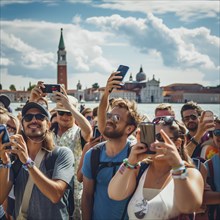 A crowd of people photographing a famous landmark in sunny weather, AI generated