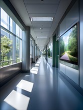 Long empty corridor in a modern hospital with natural light, AI generated, modern, architecture