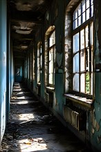 Psychiatric ward interior in abandoned hospital showcasing decay barred windows, AI generated,