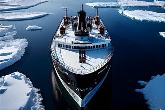 Aerial view of churned ice and open water trailing an icebreaker through pristine icy wilderness,