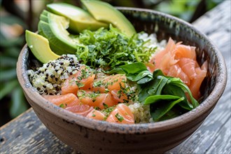 A nutritious poke bowl with salmon, avocado, quinoa, and leafy greens, AI generated