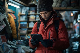 A man in a red jacket browsing his smartphone by a street vendor at night, AI generated