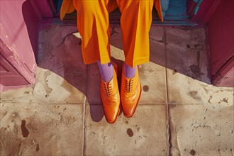 Elegant stance showing orange shoes with purple socks by a doorframe on a textured surface, AI