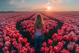 A woman stands amidst a vibrant tulip field at sunset, AI generated