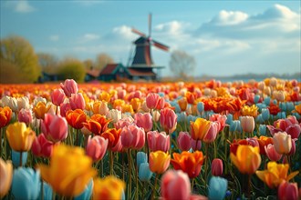 A colorful field of tulips with a traditional Dutch windmill in the background, AI generated