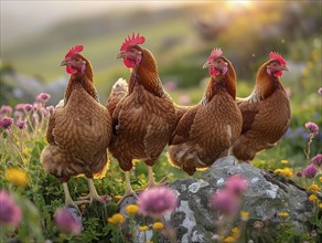 Brown chickens among pink flowers with a sunset in the background, AI generiert, AI generated